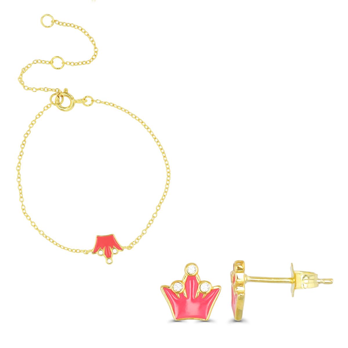 Sterling Silver Yellow  Bracelet & Earring Pink Enamel & White CZ Crown Set