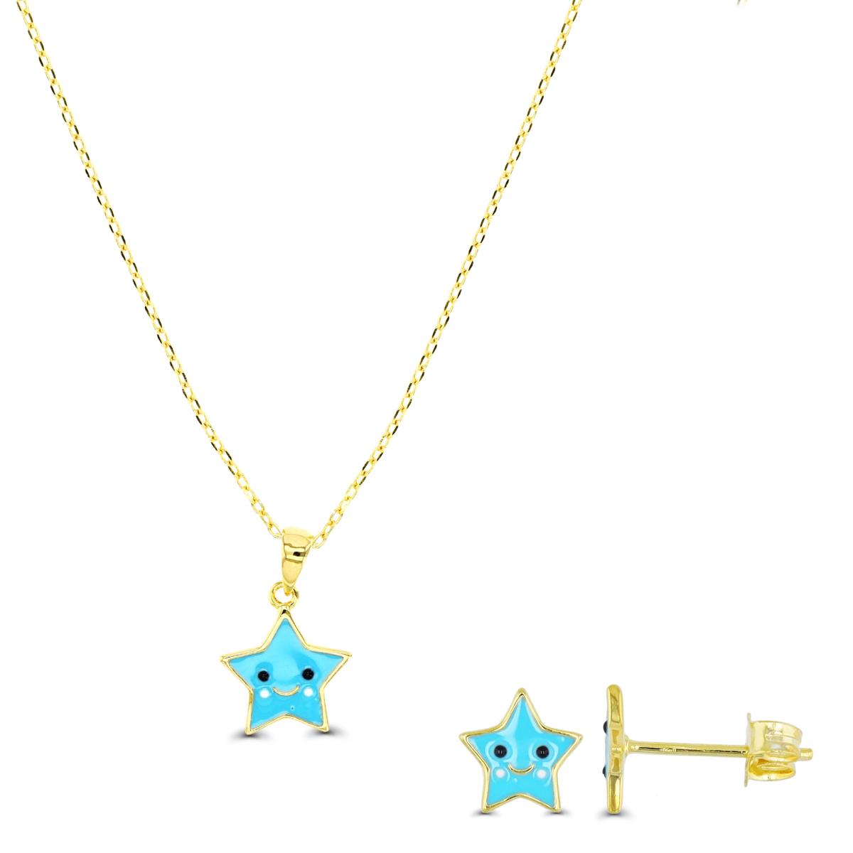 Sterling Silver Yellow 13+2" Necklace & Stud Earring Blue & Multicolor Star Set