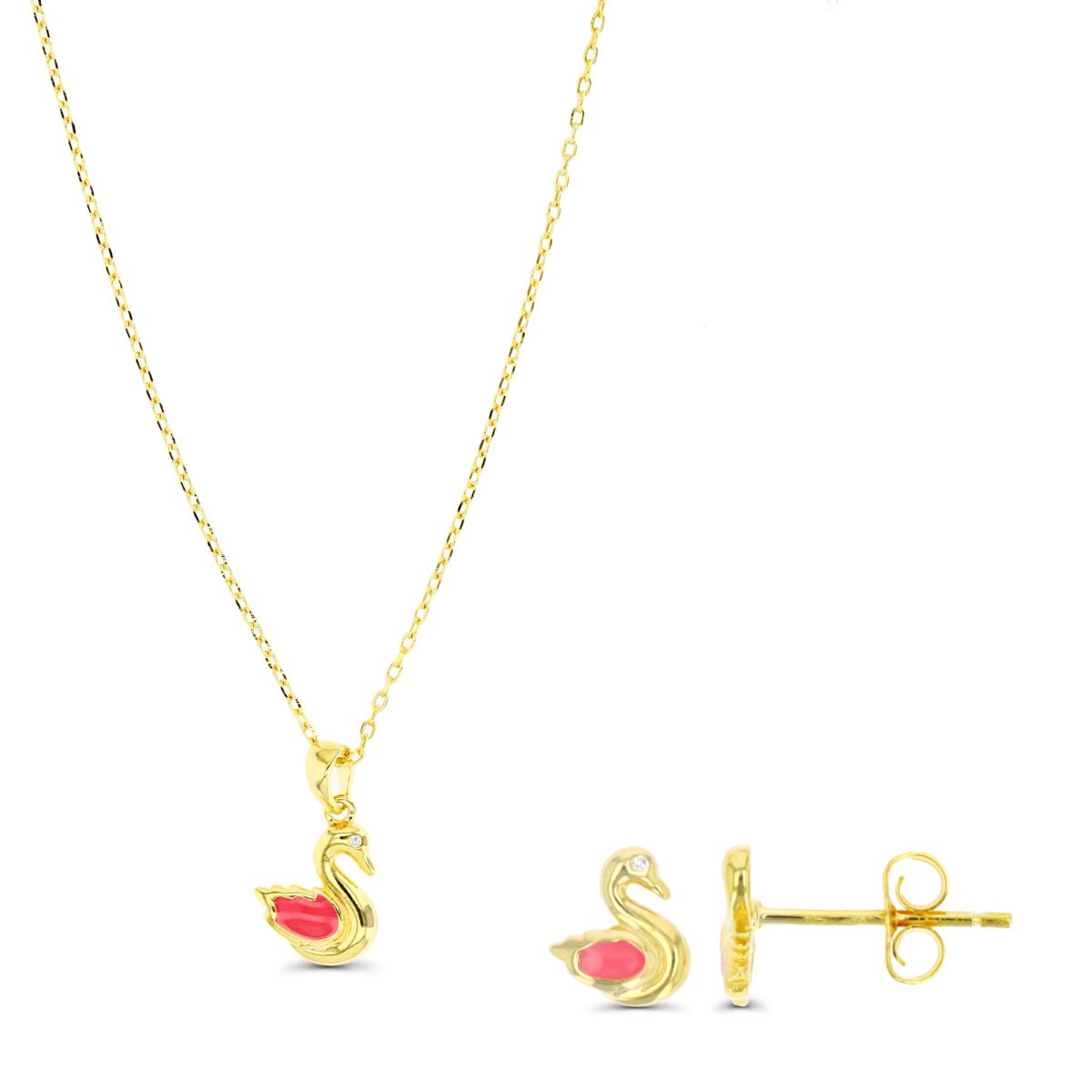 Sterling Silver Yellow Swan Pink Enamel & White CZ 13+2" Necklace & Stud Earring Set