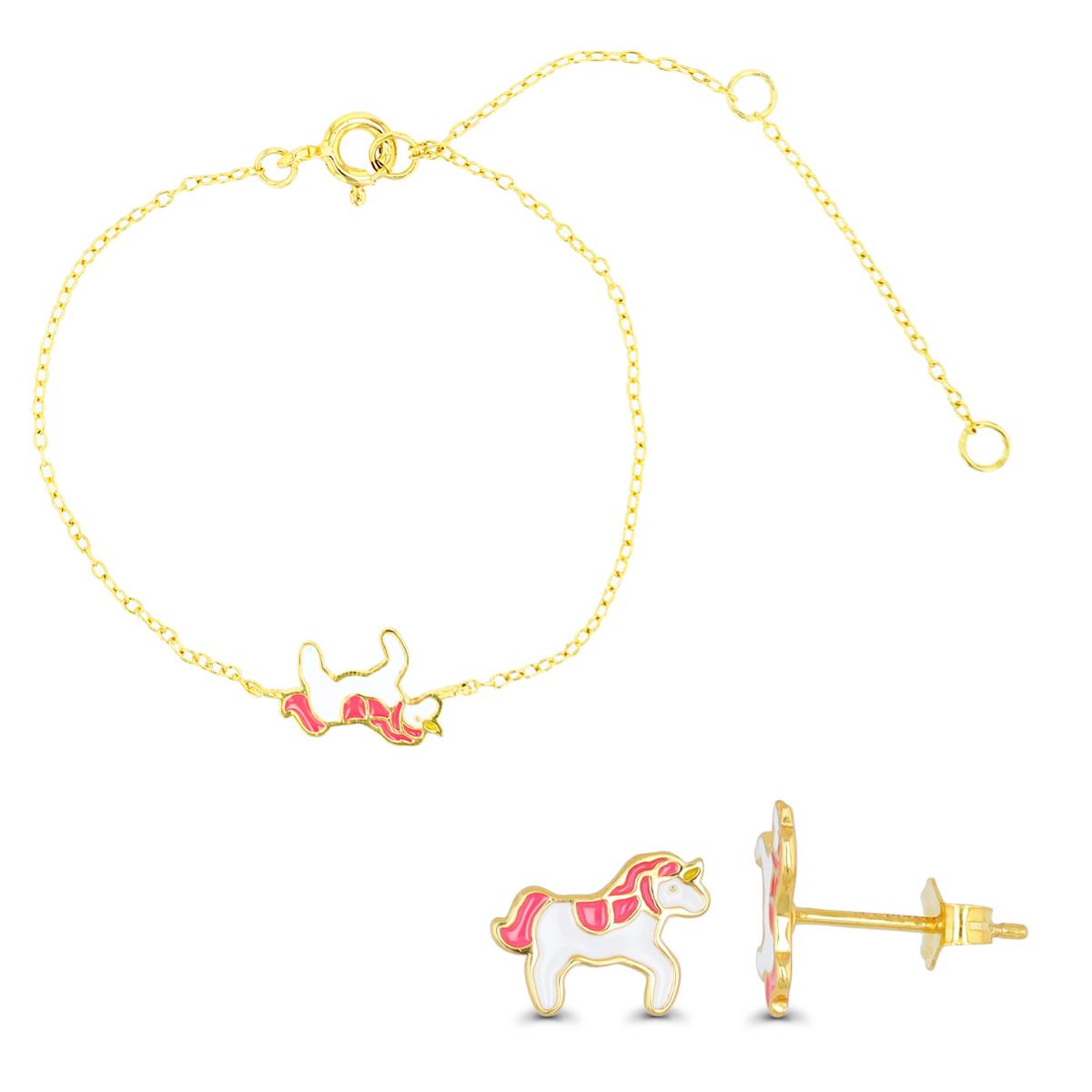 Sterling Silver Yellow Bracelet & Earring Horse White & Pink Enamel Set