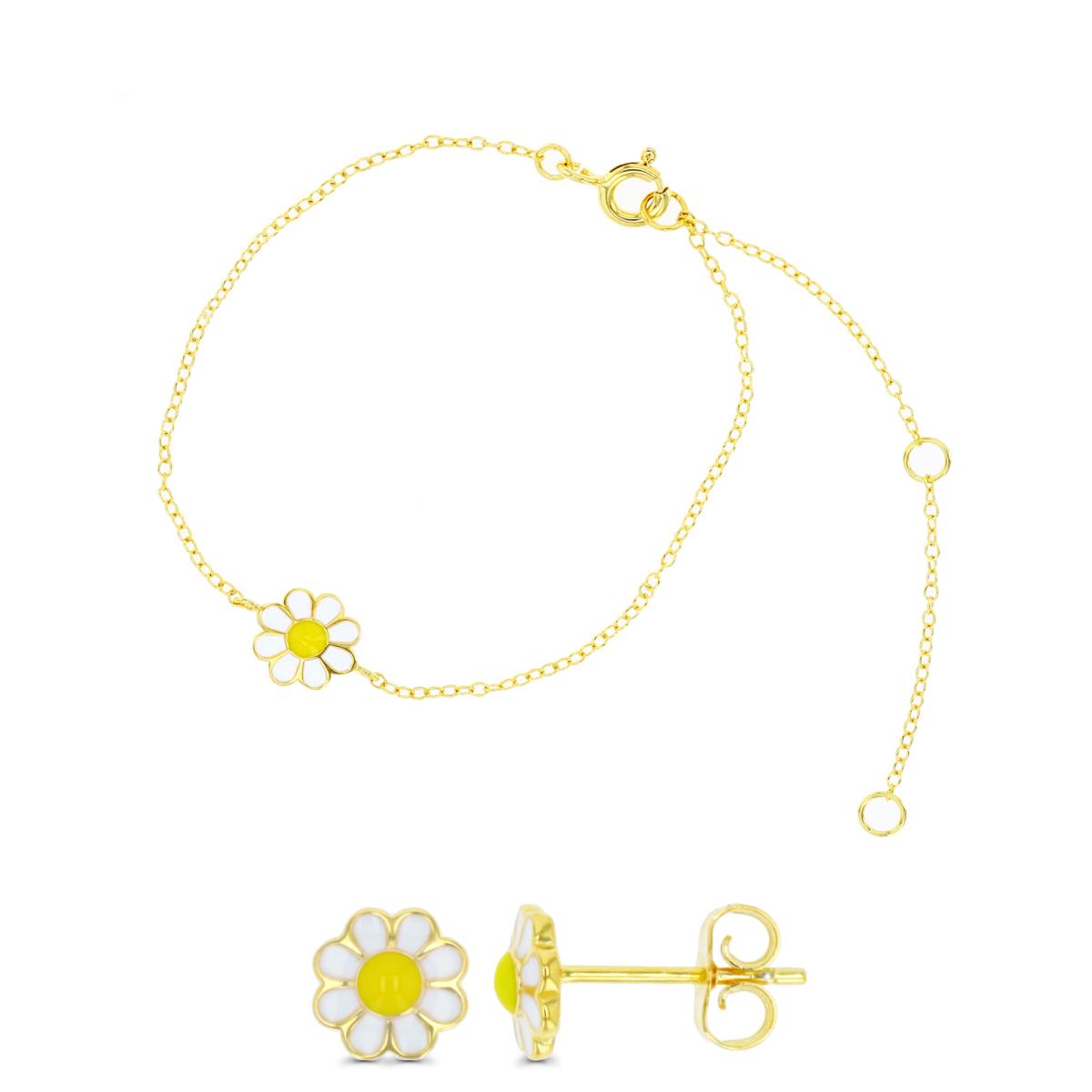 Sterling Silver Yellow 5+1+1" Bracelet & Stud Earring Yellow & White Enamel Flower Set