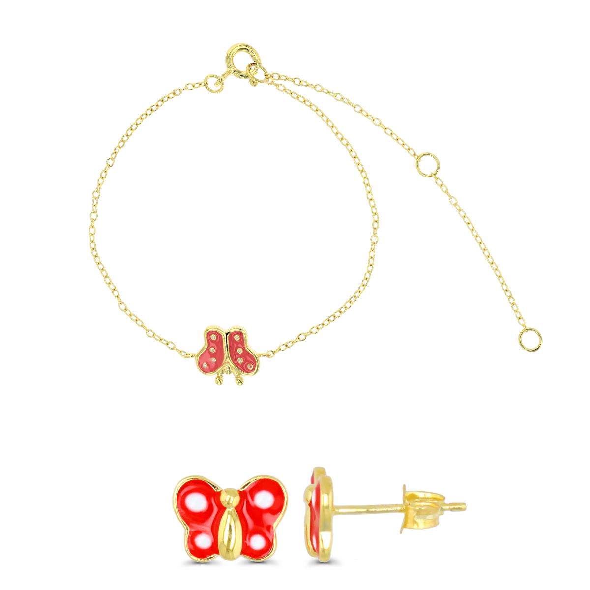 Sterling Silver Yellow Butterfly 5+1+1" Bracelet & Stud Earring Red Pink & White Enamel Set
