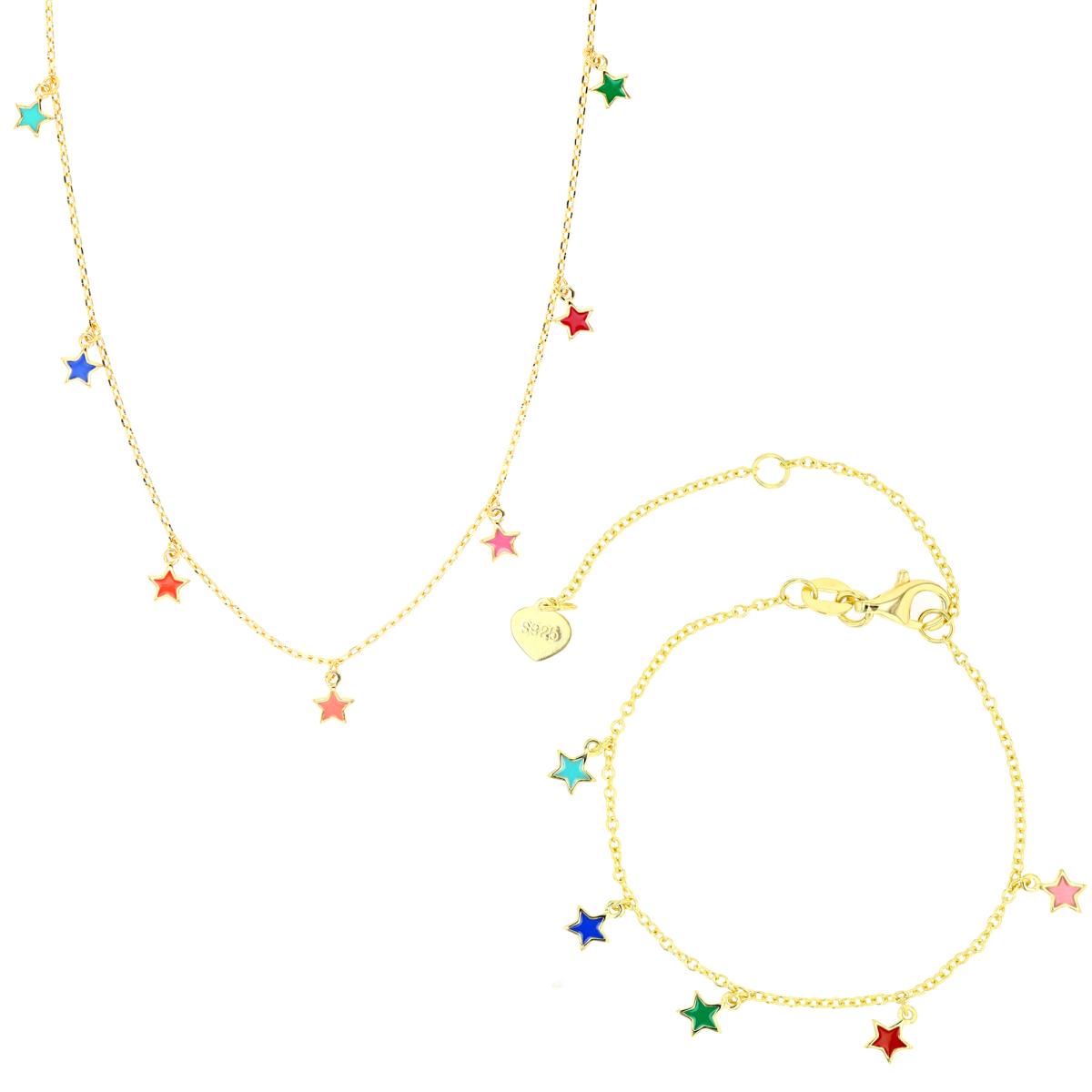 Sterling Silver Yellow Bracelet  & Necklace Multidolor Enamel Dangling Star Set