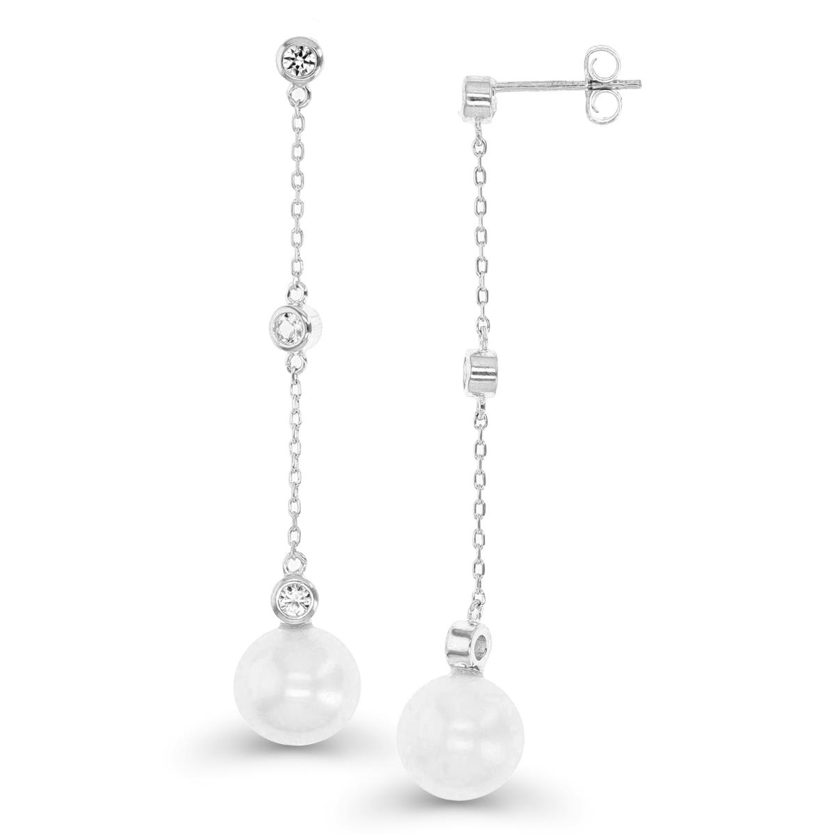 Sterling Silver Rhodium 58X10MM Dangling White Sapphire & Fresh Water Pearl Earring