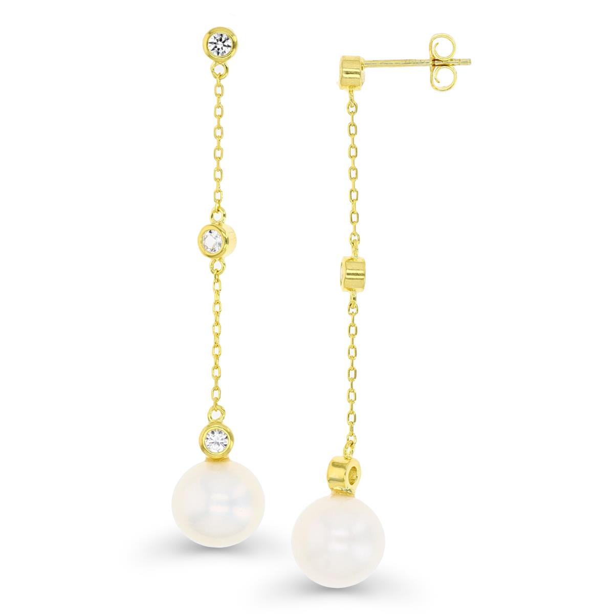 Sterling Silver Yellow 1 Micron 58X10MM Dangling White Sapphire & Fresh Water Pearl Earring