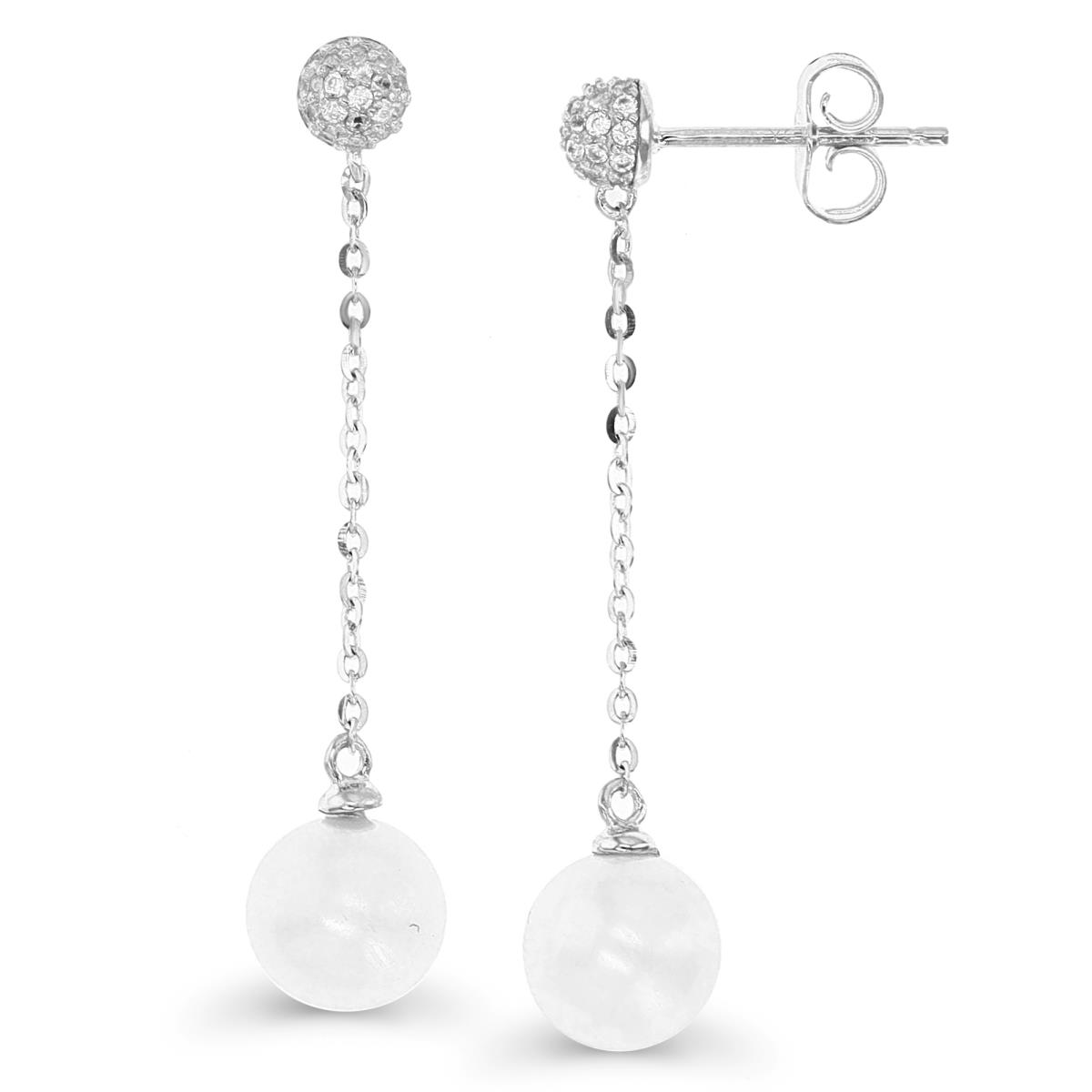 Sterling Silver Rhodium 8X40MM Dangling Chain White Sapphire & 8mm Fresh Water Pearl Earring