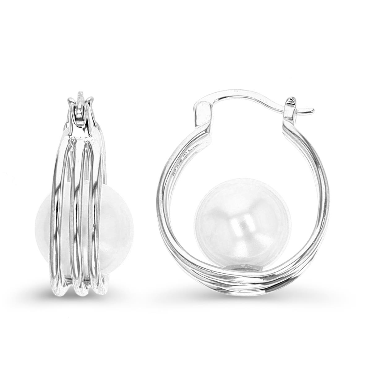 Sterling Silver Rhodium 18.5X9.8MM Faux Pearl Huggie Earring