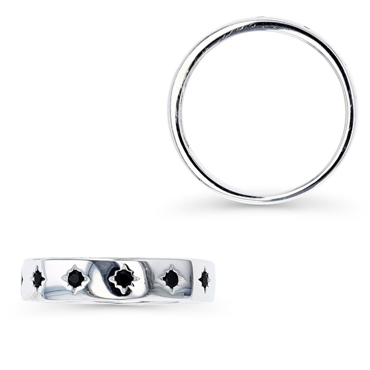Sterling Silver Rhodium 4.5MM Plain Band Star #Black Spinel Ring
