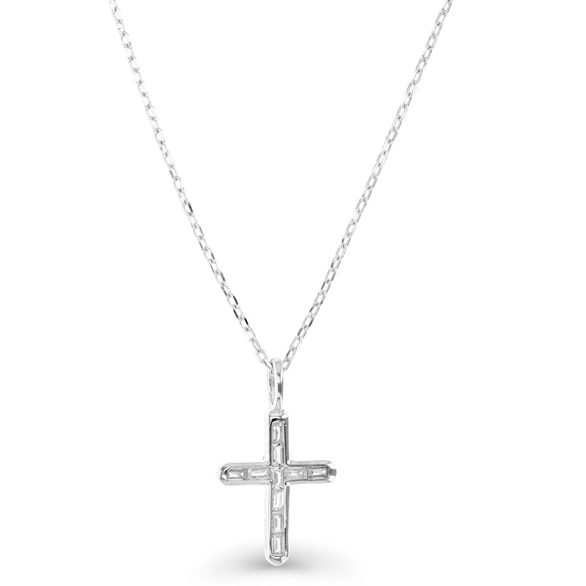 Sterling Silver Rhodium 19X11.5MM Baguette White CZ Cross 13+2" Necklace