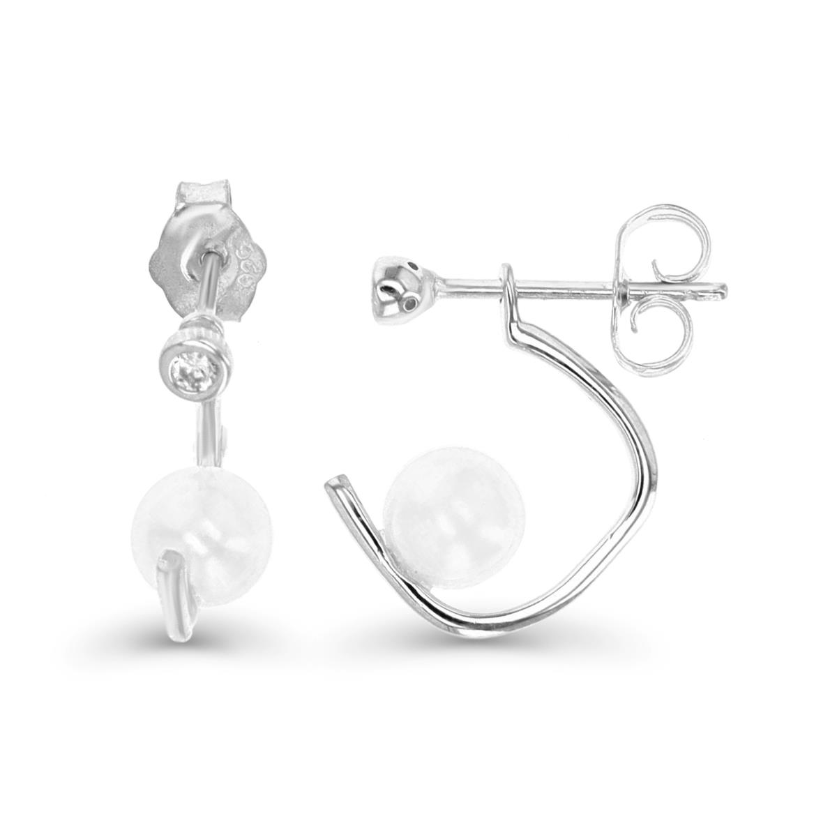 Sterling Silver Rhodium 15X6MM Polished White Sapphire & Fresh Water Pearl Stud Earring