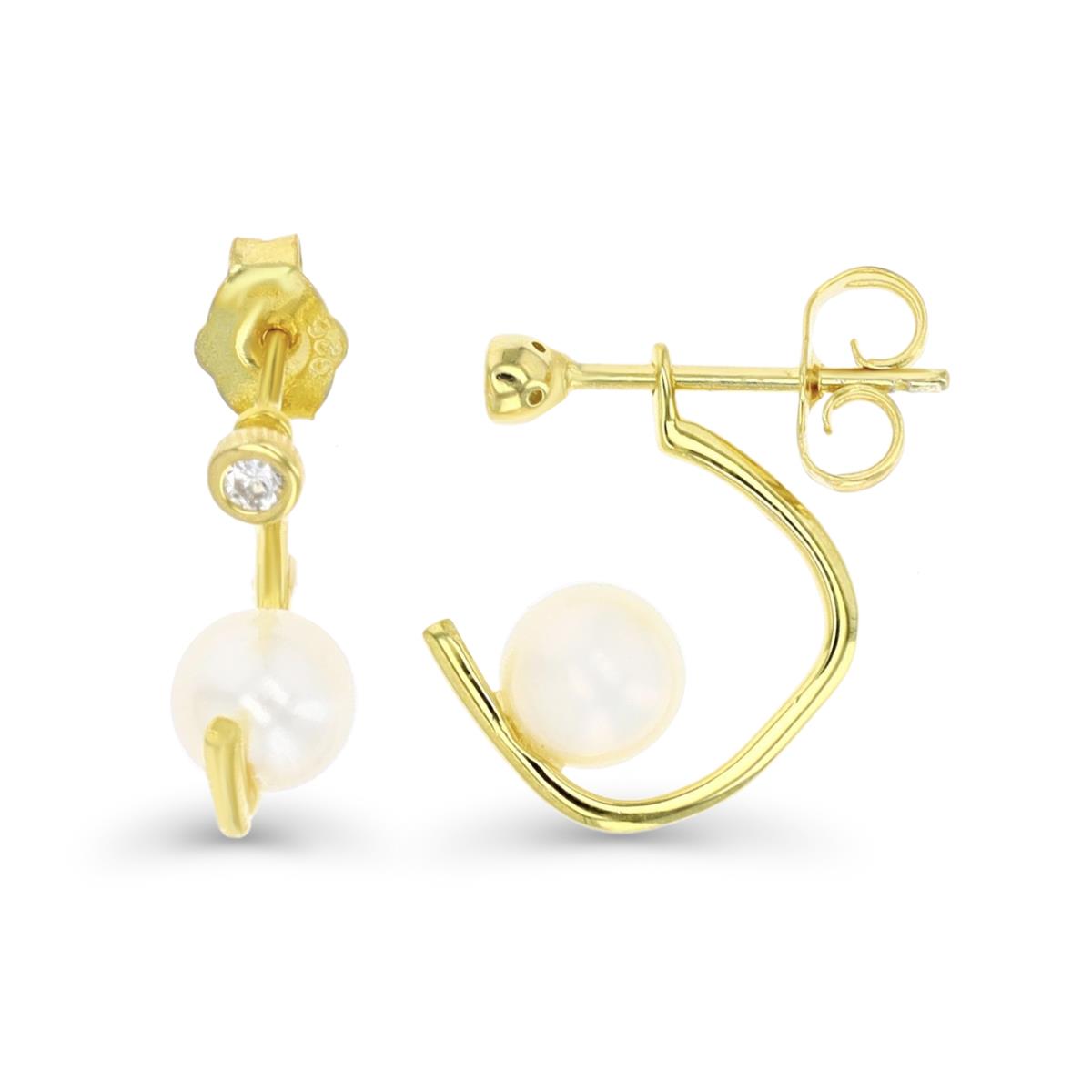 Sterling Silver Yellow 1 Micron 15X6MM Polished White Sapphire & Fresh Water Pearl Stud Earring