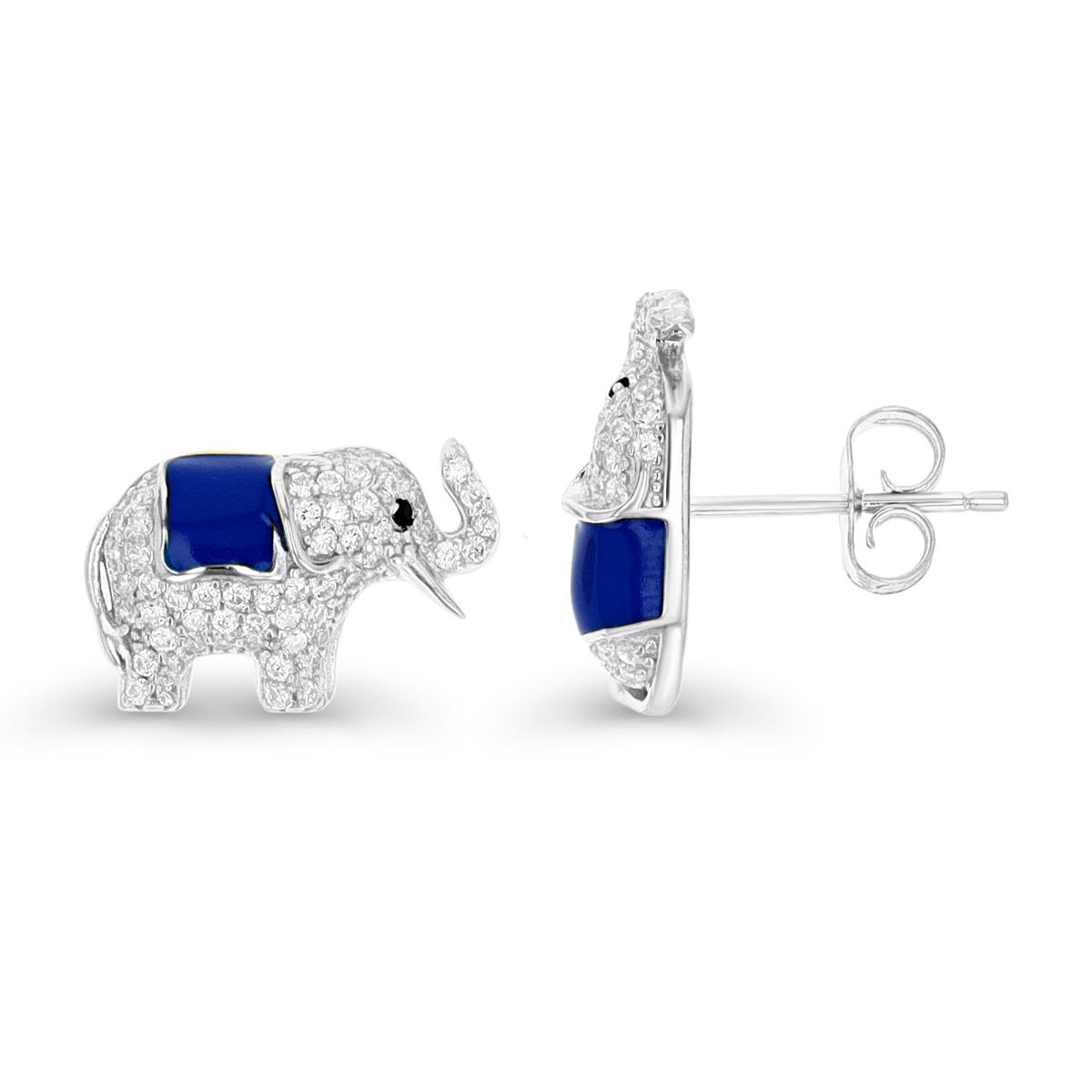 Sterling Silver Rhodium 16X10MM White CZ Elephant with Black CZ Eye & Blue Enamel Stud Earring