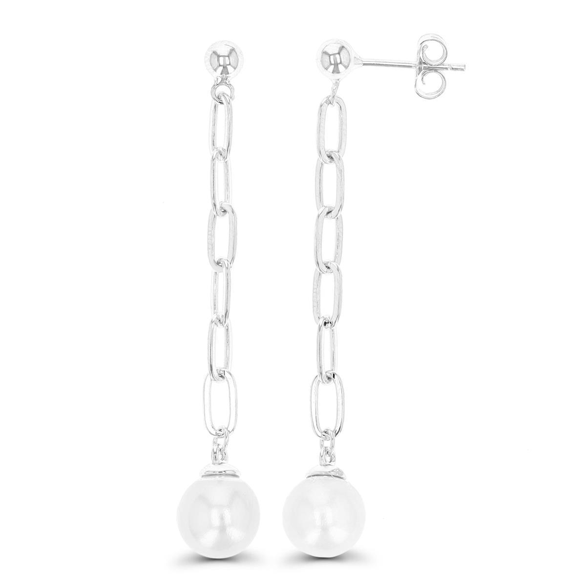 Sterling Silver Rhodium 50X8MM Dangling Paperclip Fresh Water Pearl Earring