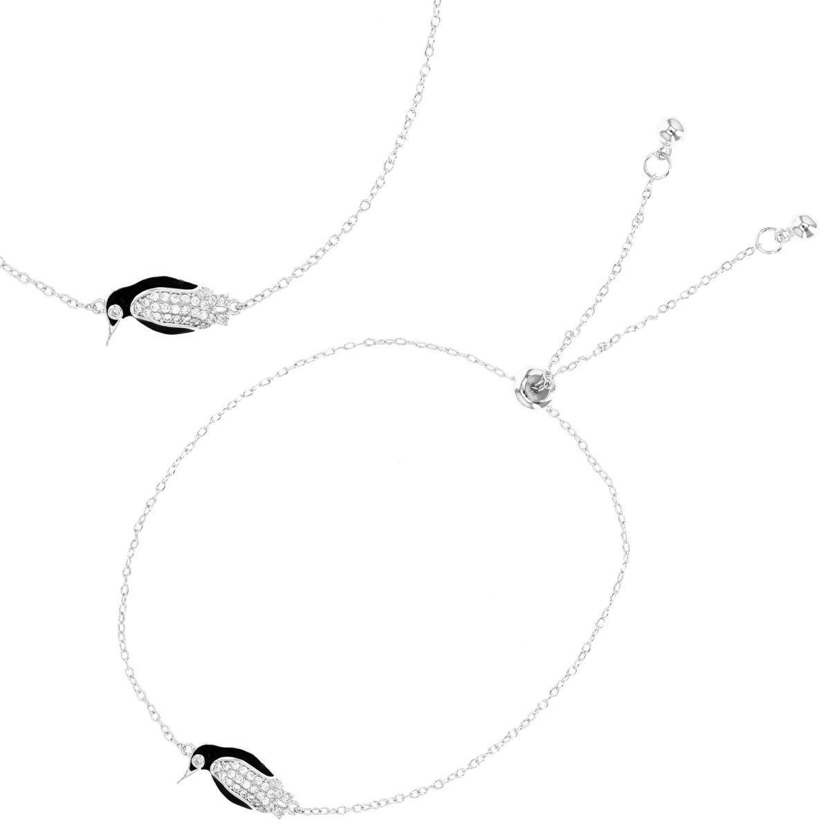 Sterling Silver Rhodium 16.5X8.7MM Penguin Black Enamel & White CZ Adjustable Bracelet