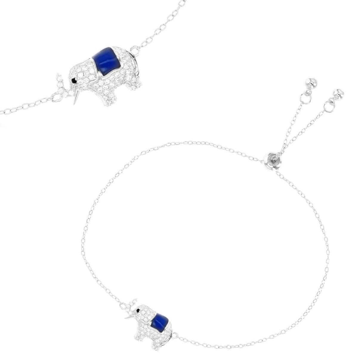 Sterling Silver Rhodium 19X10MM Elephant Blue Enamel White & Black CZ Eye Adjustable Bracelet
