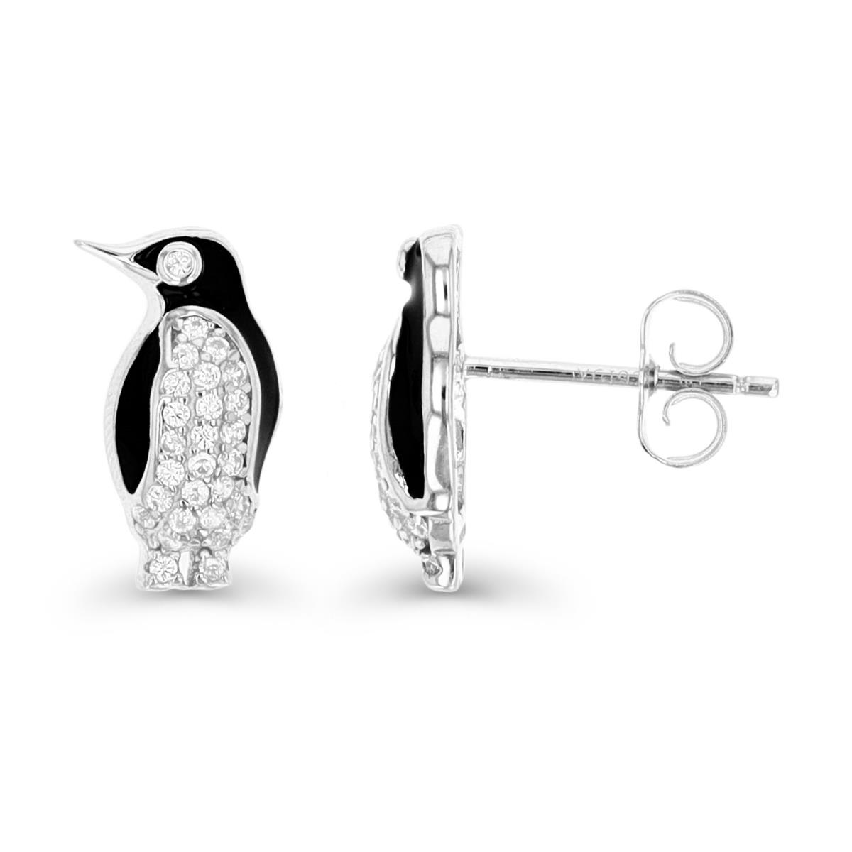 Sterling Silver Rhodium 13.5MM Penguin White CZ & Black Enamel Stud Earring