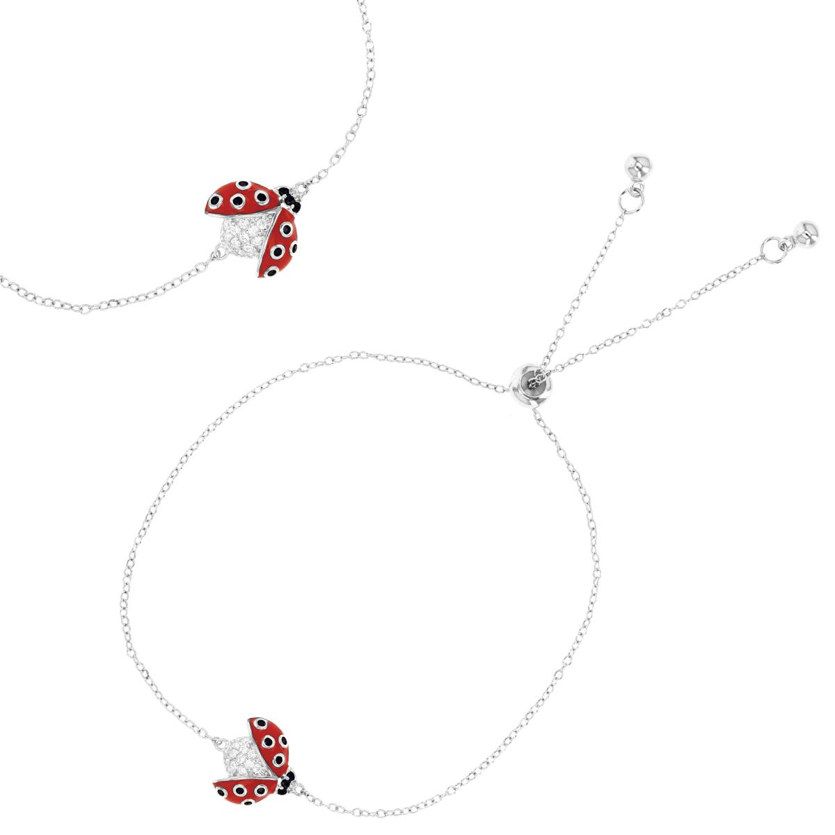 Sterling Silver Rhodium 12X11MM Ladybug White & Black CZ with Red Enamel Adjustable Bracelet