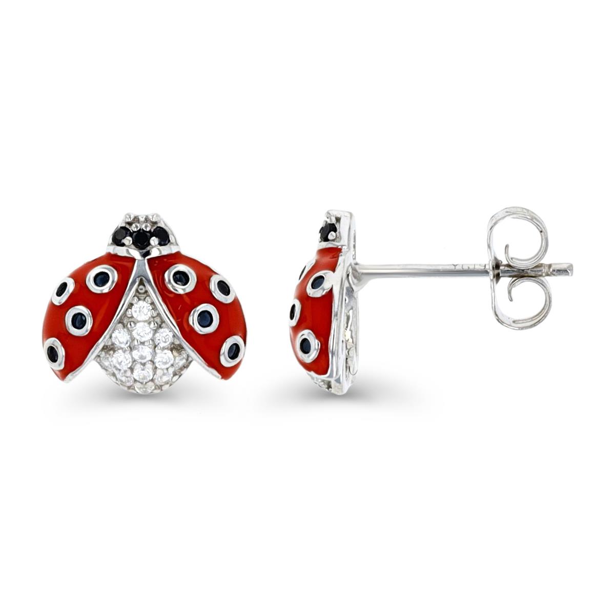 Sterling Silver Rhodium 11X10MM Black & White CZ with Red Enamel Ladybug Stud Earring