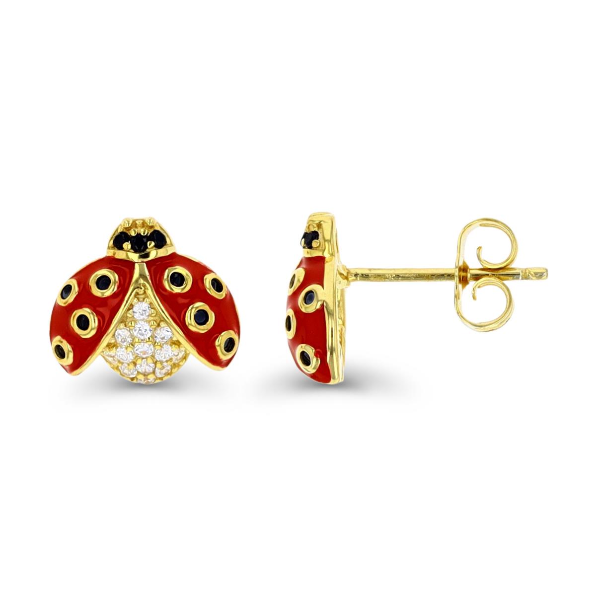 Sterling Silver Yellow 1 Micron 11X10MM Black & White CZ with Red Enamel Ladybug Stud Earring