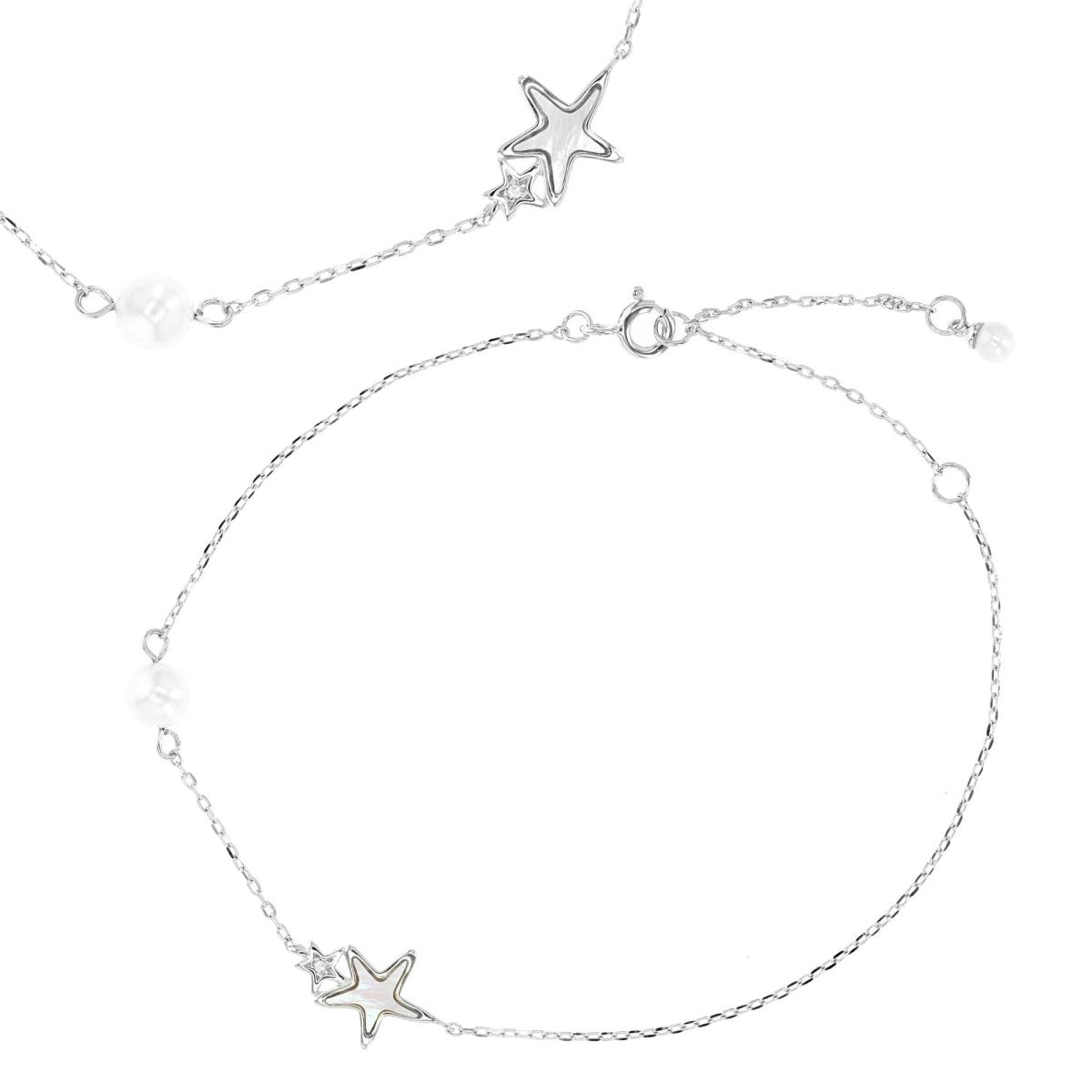 Sterling Silver Rhodium 15.5X9.6MM Star Enamel, Fresh Water Pearl & White Sapphire 7+1+1" Bracelet