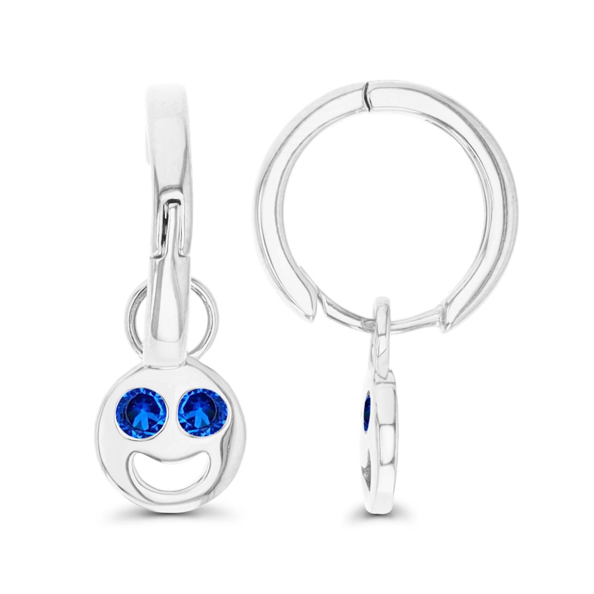 Sterling Silver Rhodium 23X7.5MM Dangling Happy Face #113 Blue Spinel Earring