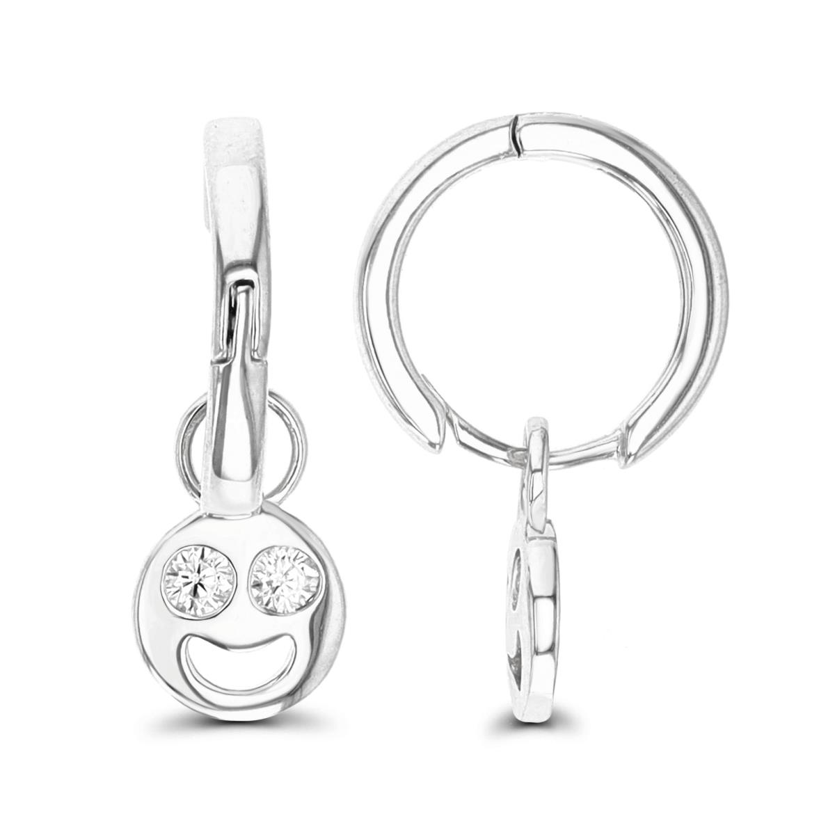 Sterling Silver Rhodium 23X7.5MM Dangling Happy Face White Zicon Earring