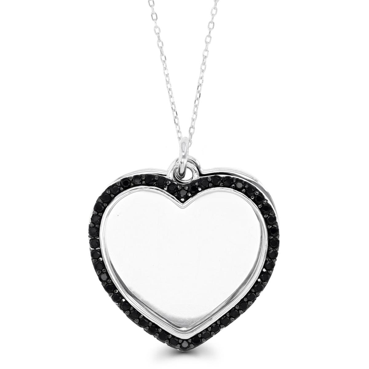 Sterling Silver Rhodium & Black 26X22MM Polished Pave Double Hearts Black Spinel 18" Necklace