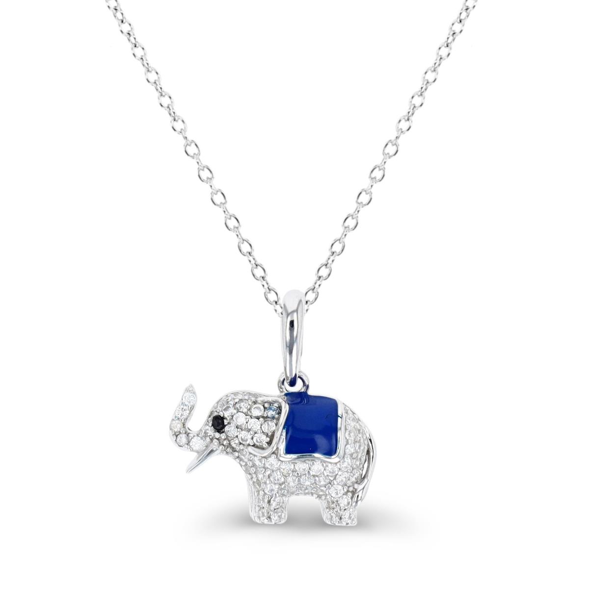 Sterling Silver Rhodium 17.5X15.5MM Elephant White & Black CZ with Blue Enamel 18" Necklace