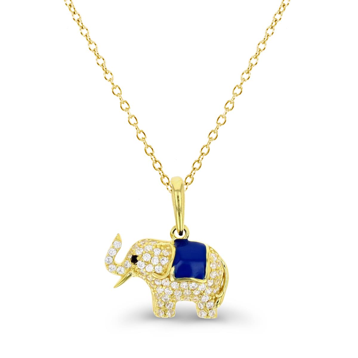 Sterling Silver Yellow 1 Micron 17.5X15.5MM Elephant White & Black CZ with Blue Enamel 18" Necklace