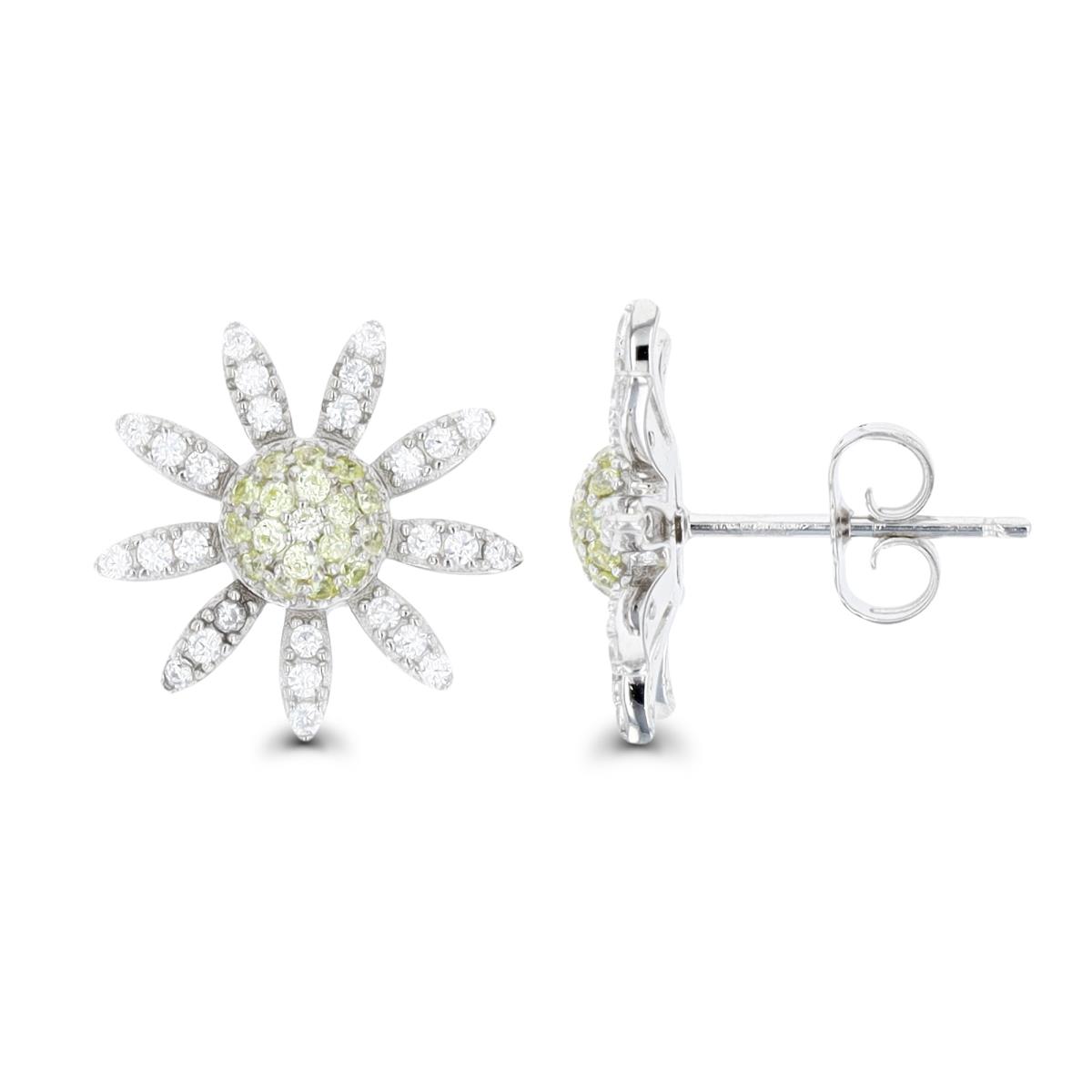 Sterling Silver Rhodium 14.5MM Sunflower Pave White & Yellow CZ Stud Earring