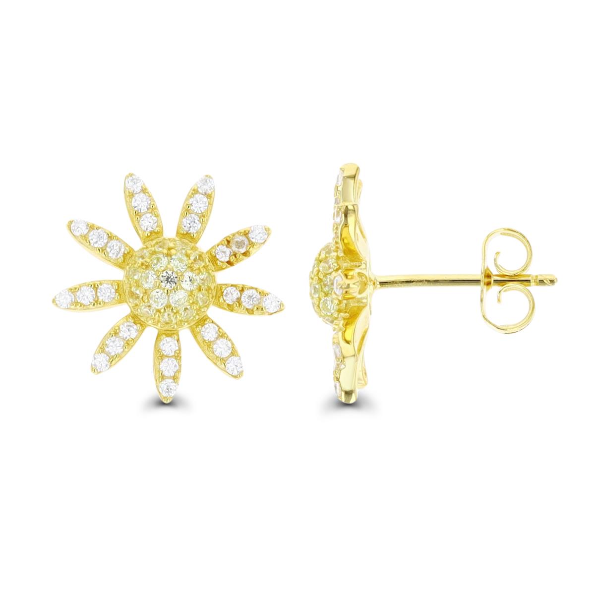 Sterling Silver Yellow 1 Micron 14.5MM Sunflower Pave White & Yellow CZ Stud Earring