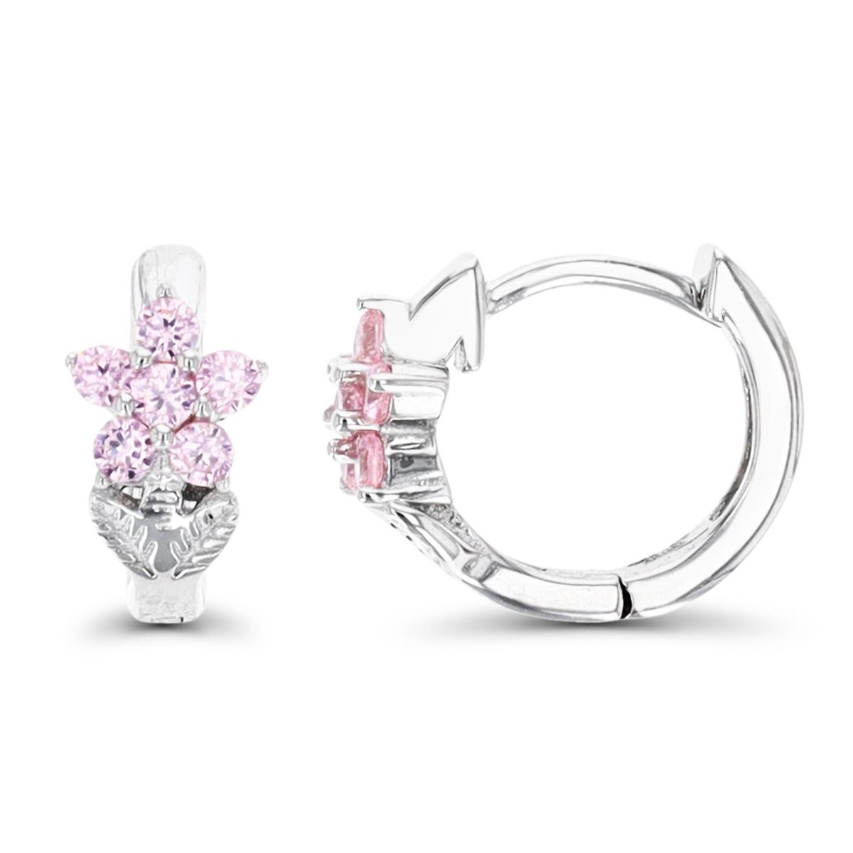 Sterling Silver Rhodium 11X5.5MM Flower Pink CZ Huggie Earring
