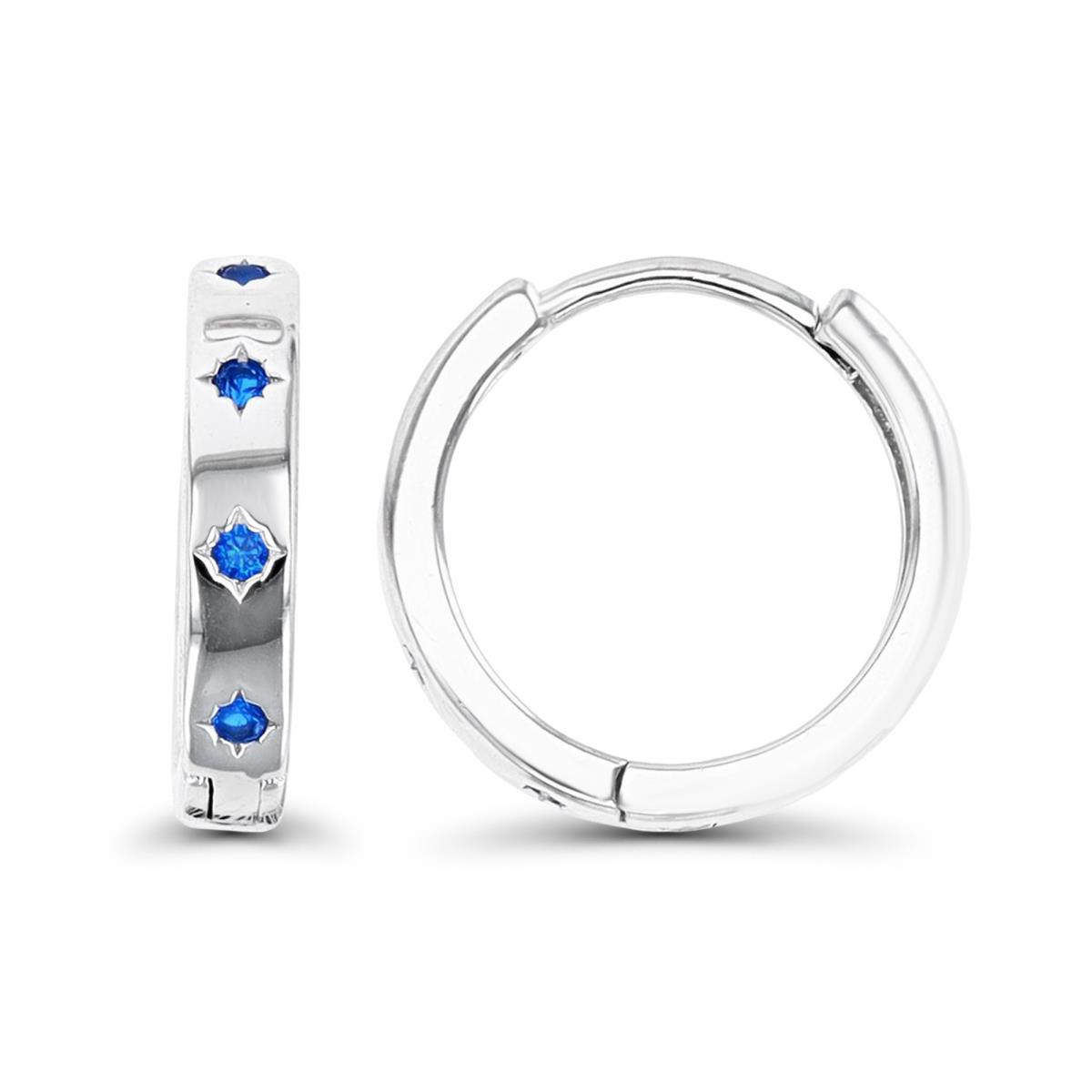 Sterling Silver Rhodium 13.5X3MM Huggie #113 Blue Polished  Earring