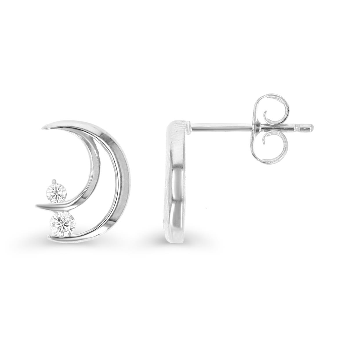 Sterling Silver Rhodium 12X8.5MM Moon White CZ Polished Stud Earring