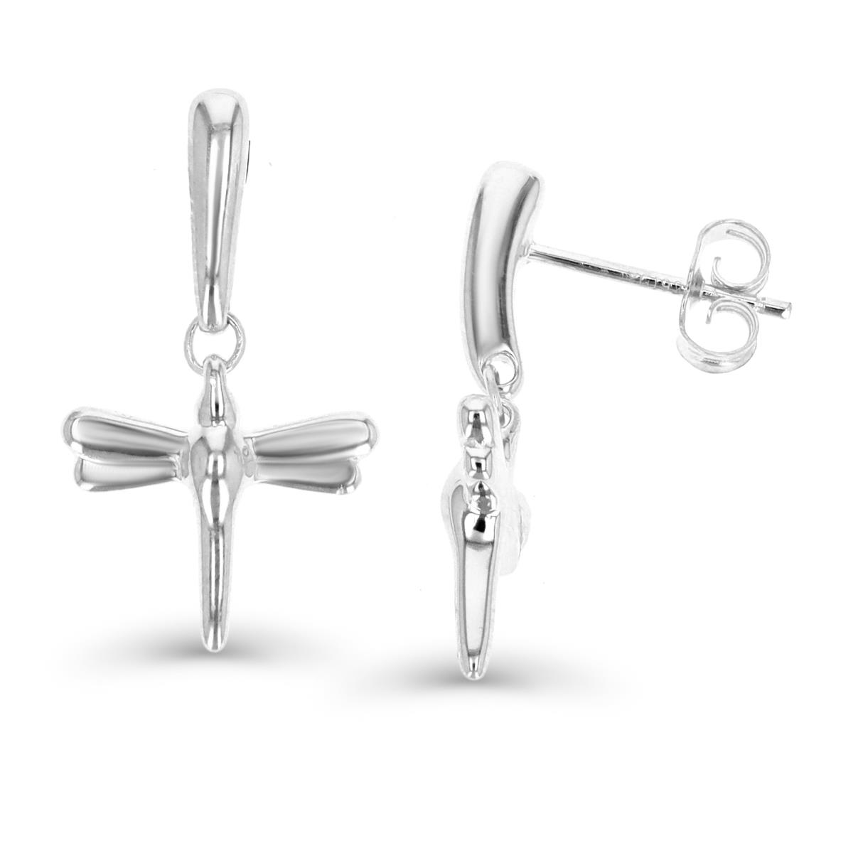 Sterling Silver Rhodium 23.5X14MM Dangling Polished Dragonfly Earring