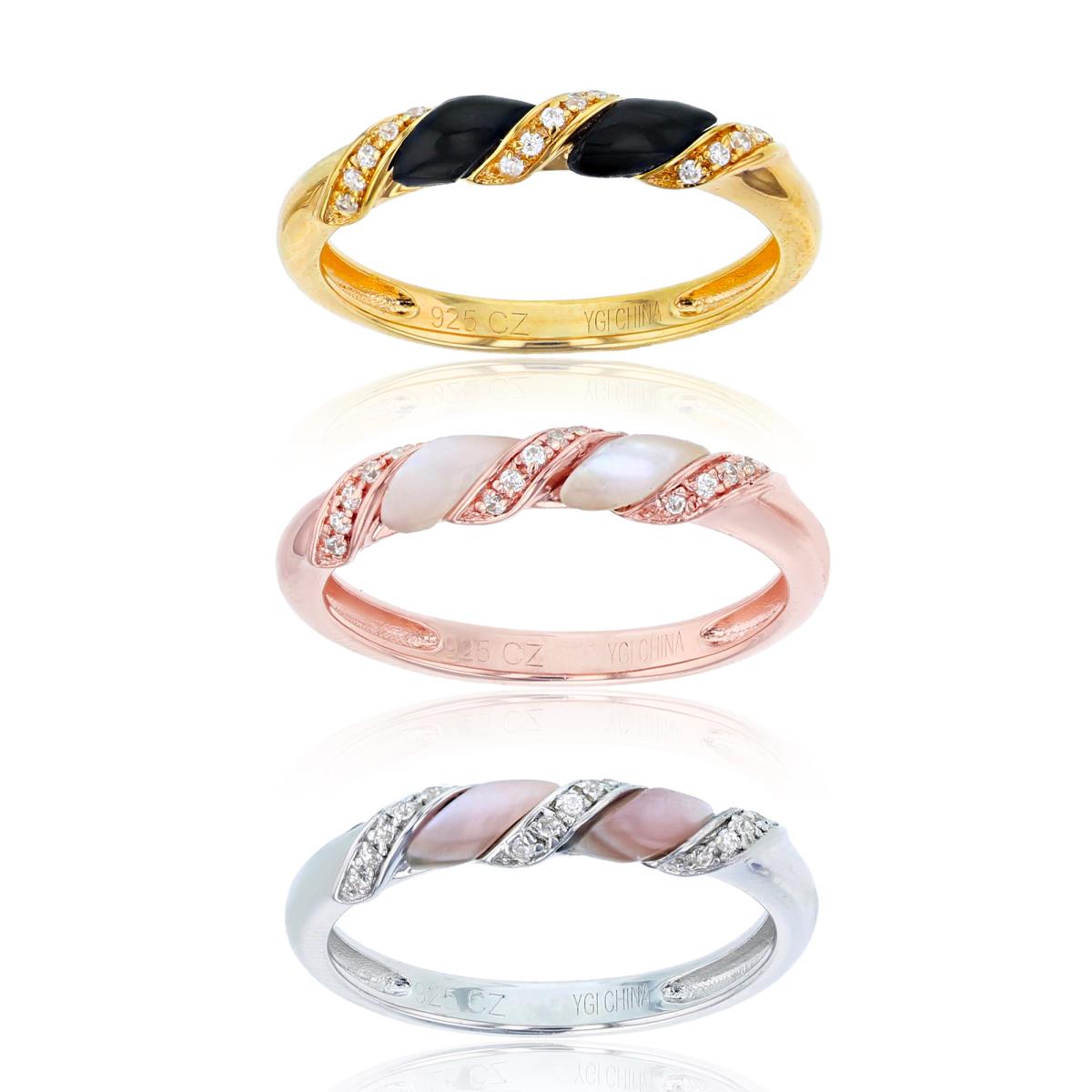 14K Tri-Color Gold 0.14 CTTW Rnd Diam & Onyx/White and Pink Mop 3-Stackable Rings