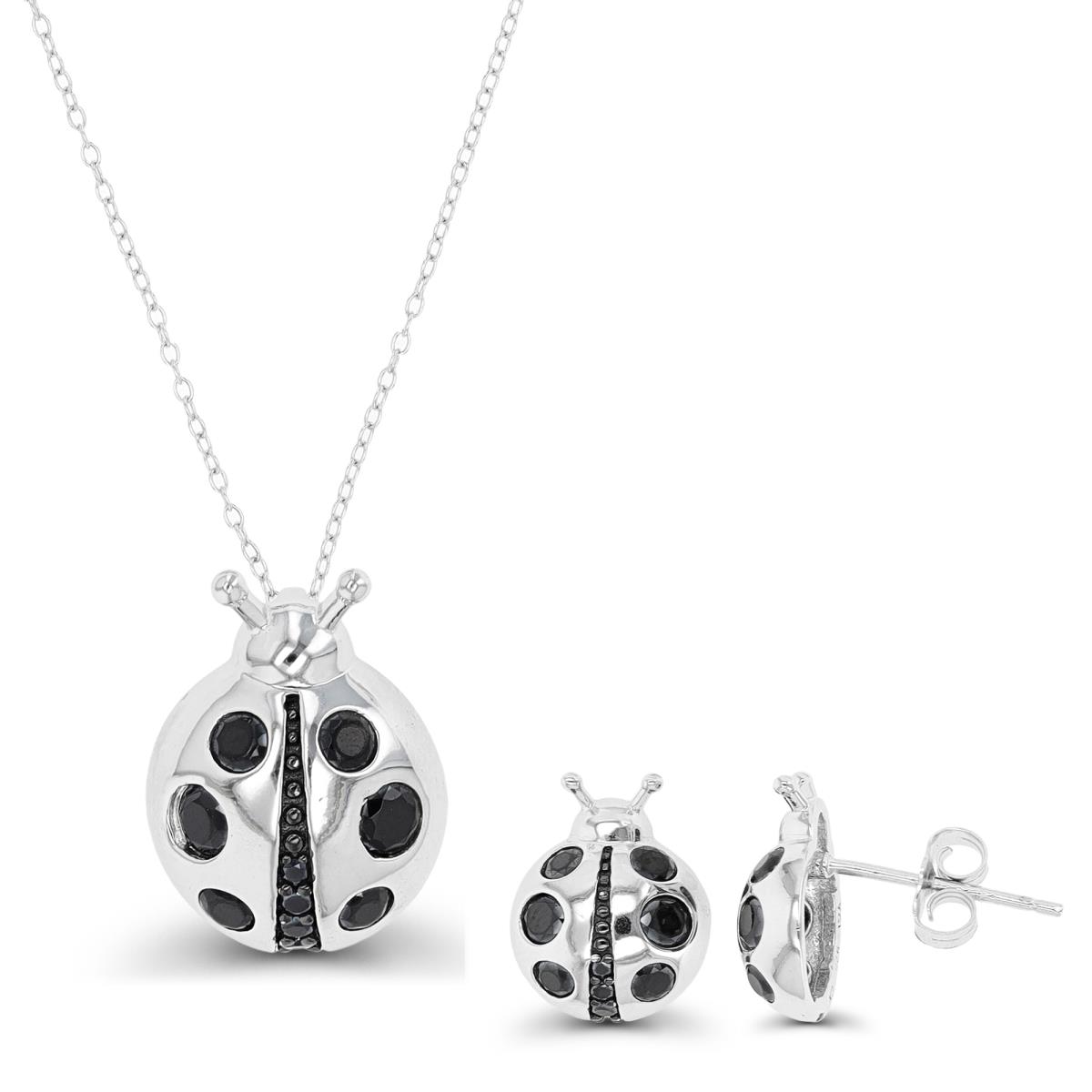 Sterling Silver Black & White Necklace & Earring Black Spinel Ladybug Set