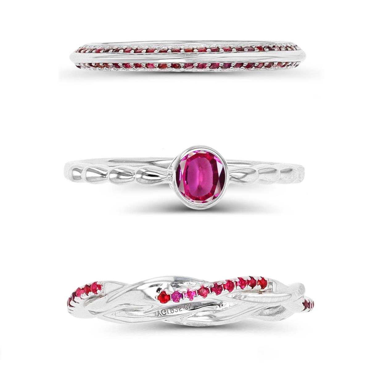 Sterling Silver Rhodium 4;2.5;2MM Ruby Eternity Twisted Solitaire Ring Set