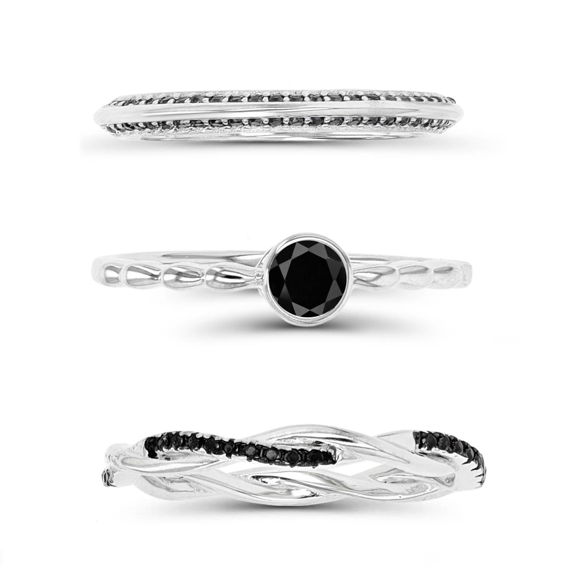 Sterling Silver Rhodium & Black Solitaire Twisted Eternity Black Spinel Ring Set