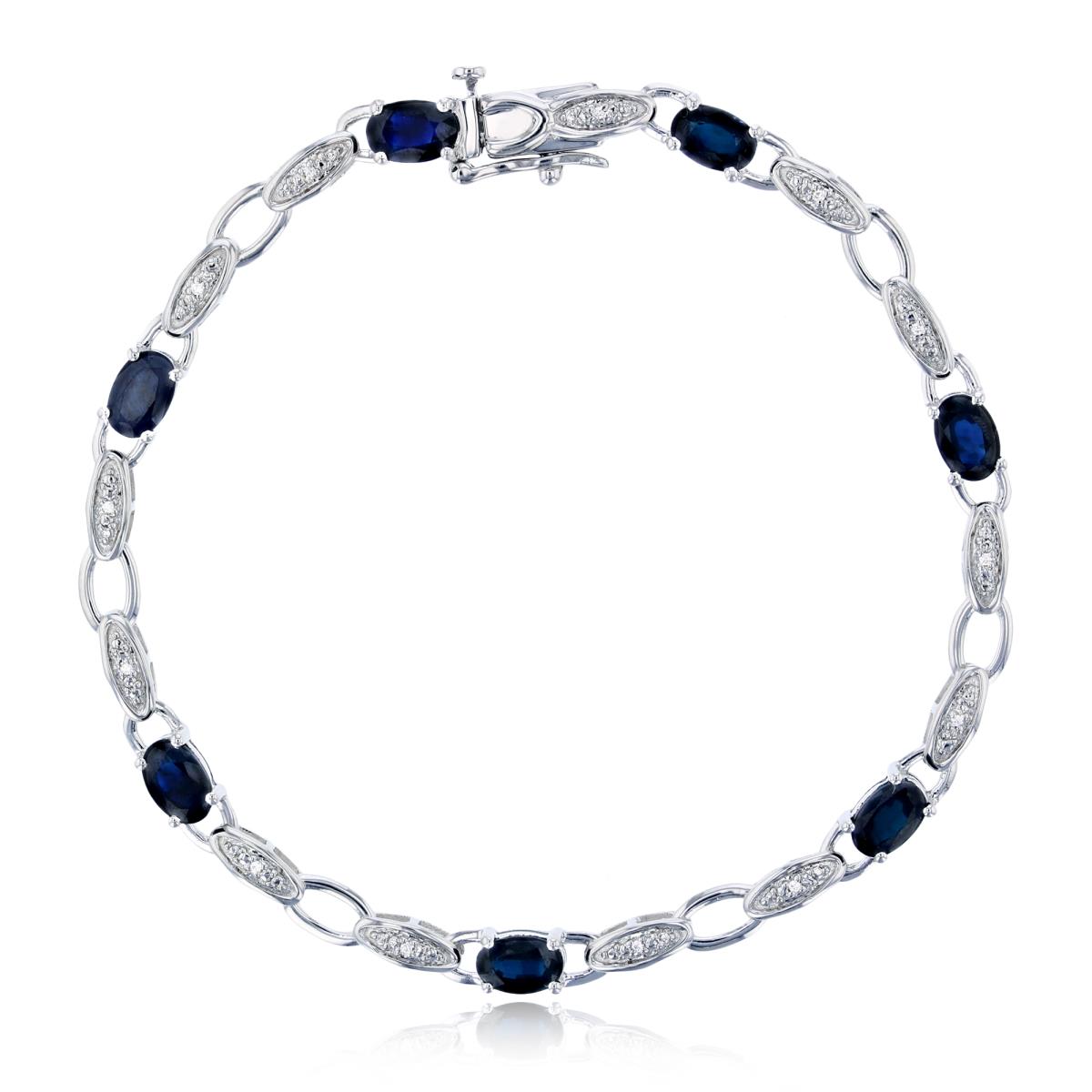 Sterling Silver Rhodium Cr White Sapphire & 6x4mm Ov Cr Blue Sapphire Linked Bracelet