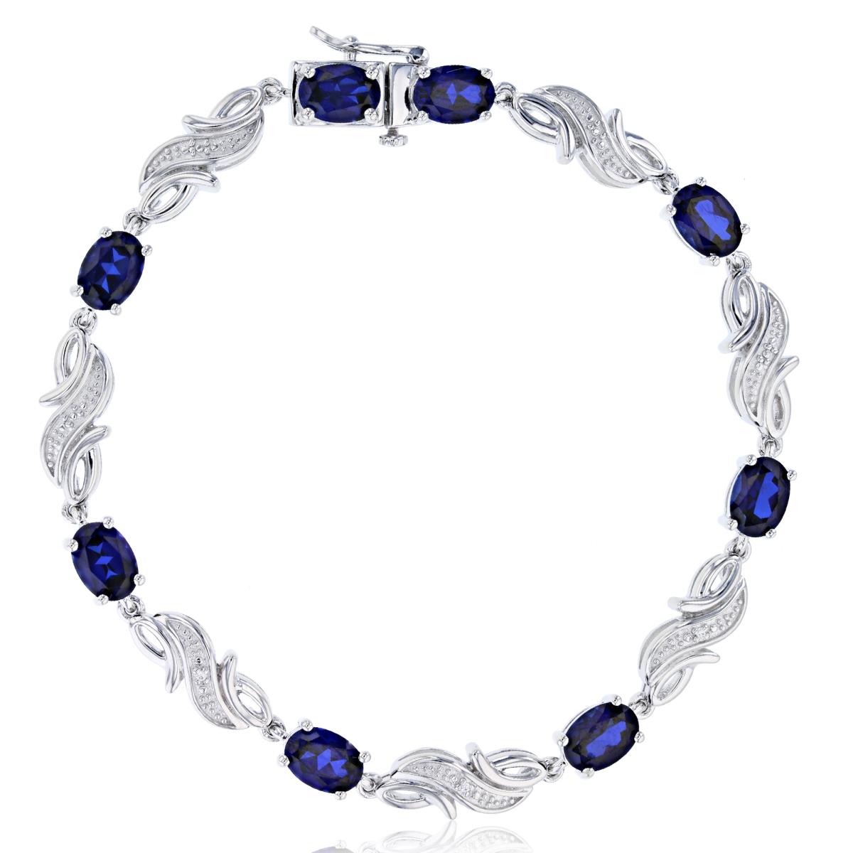 Sterling Silver Rhodium Cr White Sapphire & 7X5 OVAL Cr. Sapphire Straight Bracelet