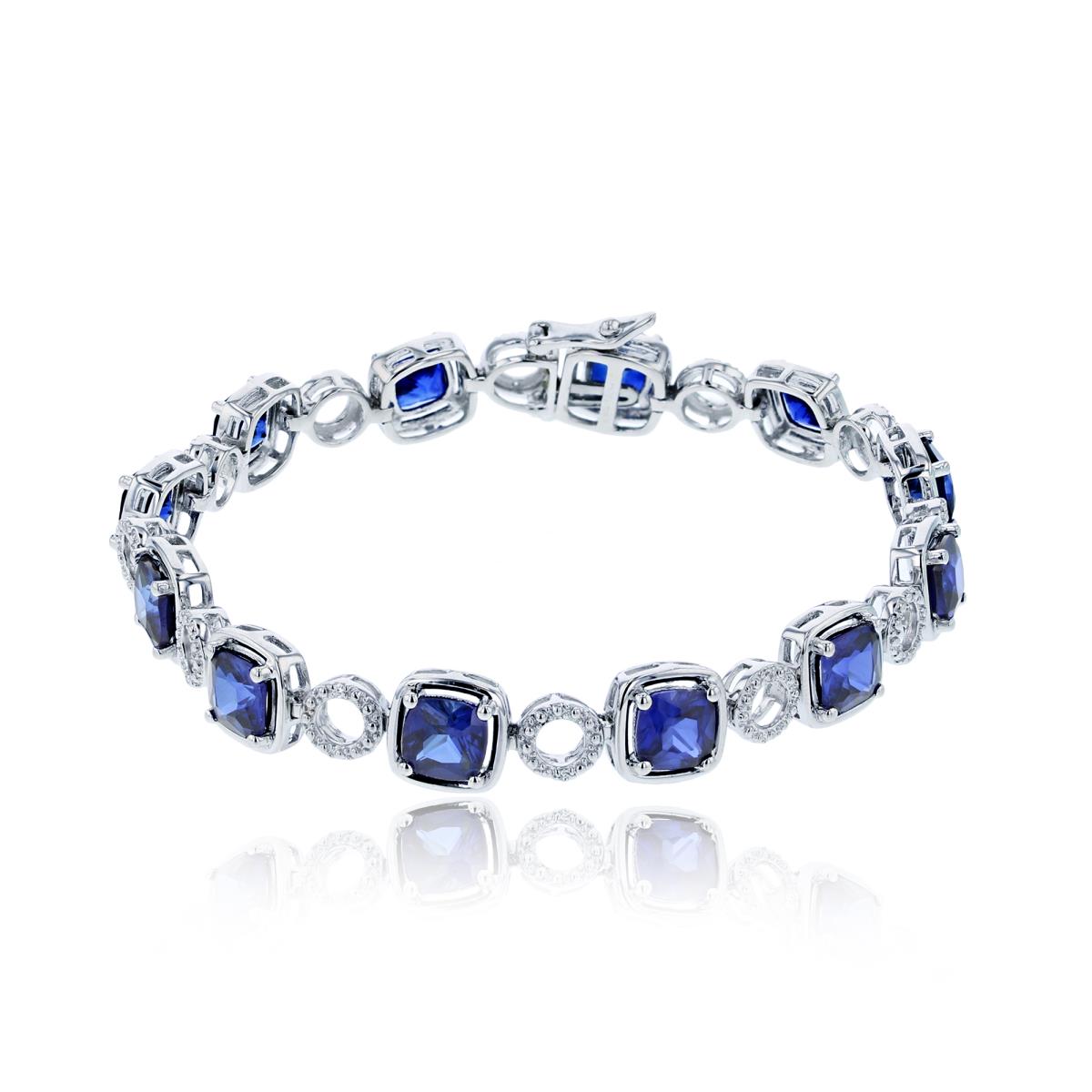 Sterling Silver Rhodium Cr White Sapphire & 6mm Cush Cr Blue Sapphire Circle/Cushion Linked Bracelet
