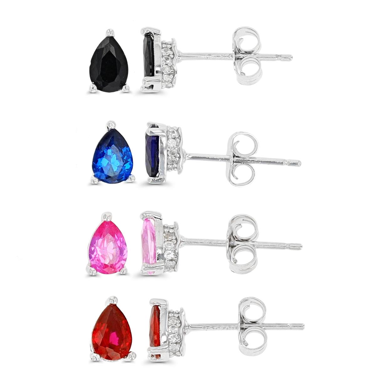 Sterling Silver Rhodium 6X4mm Solitaire Multicolor Stud Earring Set