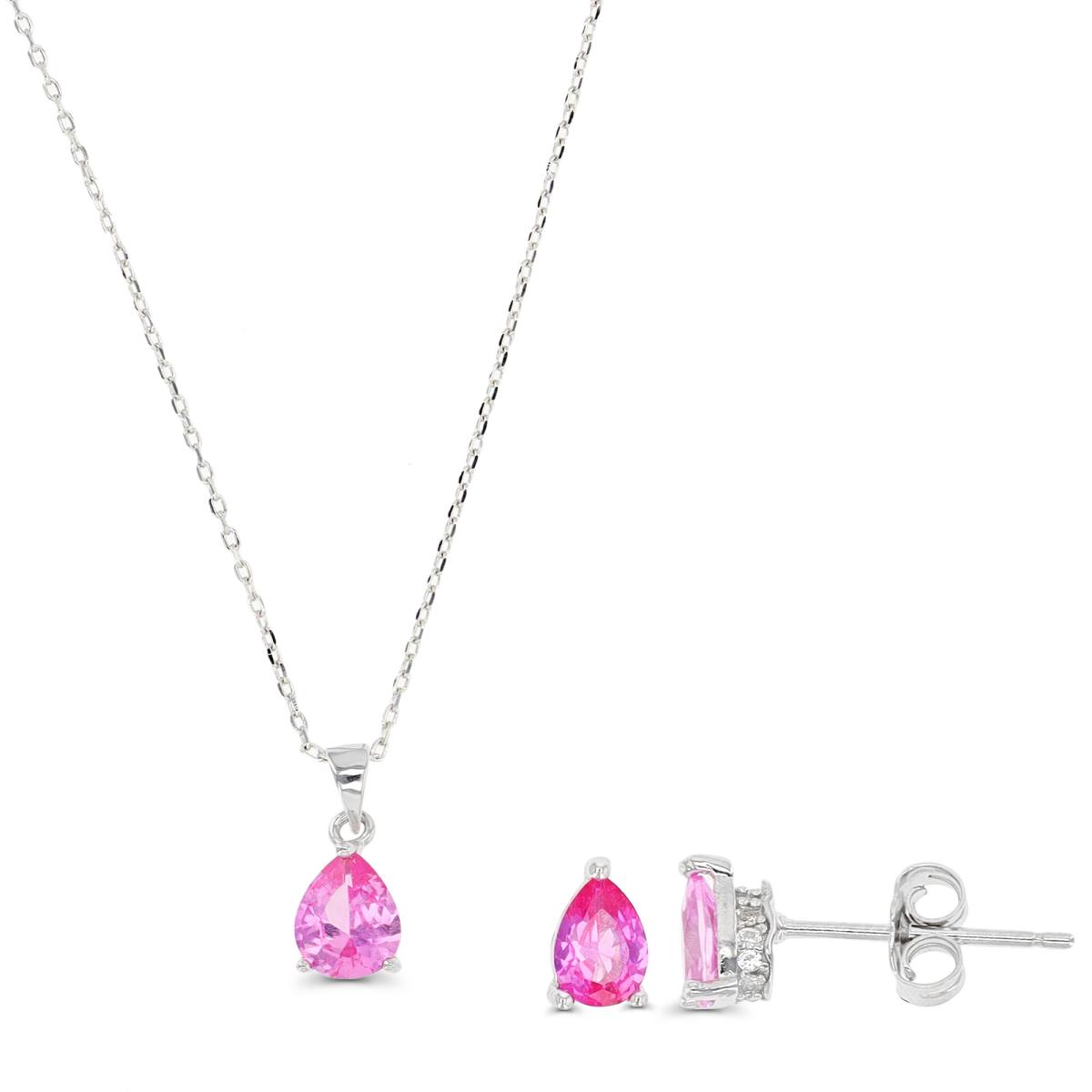 Sterling Silver Rhodium Necklace & Earring Pink & CR White Sapphire  Set