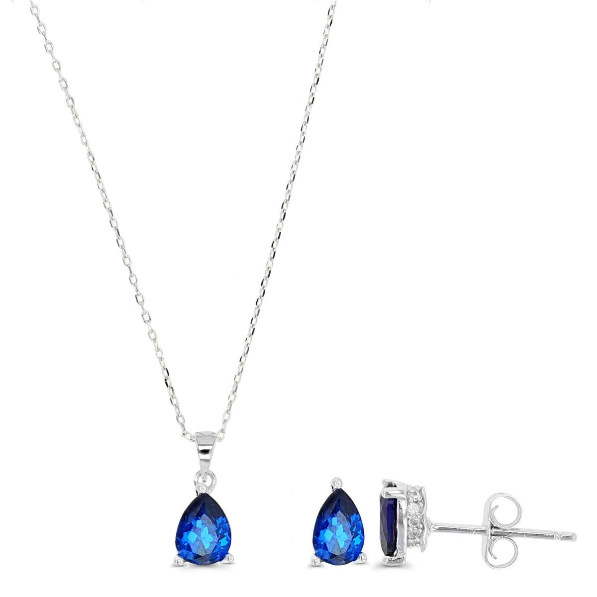 Sterling Silver Rhodium Necklace & Earring Blue & CR White Sapphire Pear Set