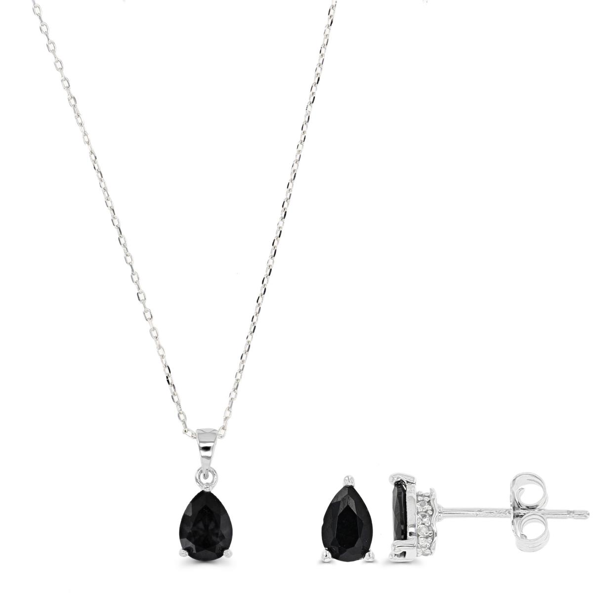 Sterling Silver Rhodium Necklace & Earring Black Spinel & CR White Sapphire Set