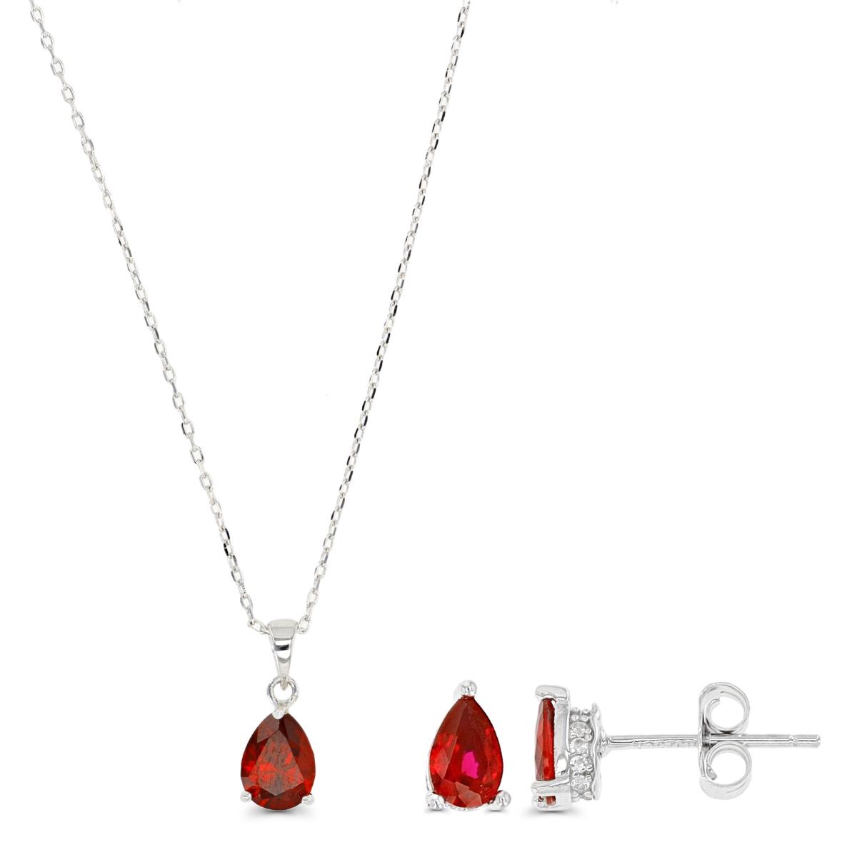 Sterling Silver Rhodium Pear Necklace & Earring Ruby & CR White Sapphire Set
