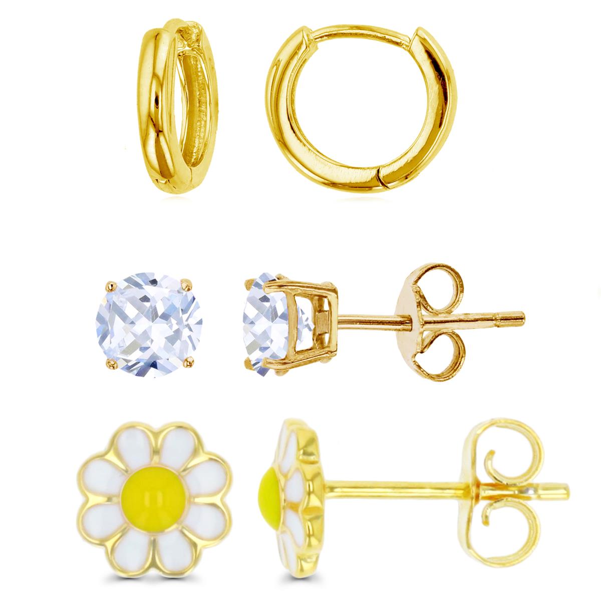 Sterling Silver Yellow Flower Polished Huggie Solitaire White CZ Yellow & White Enamel Earring Set