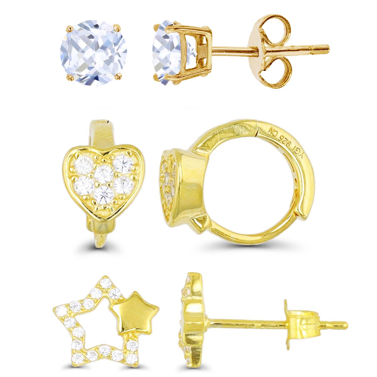 Sterling Silver Yellow White CZ Solitaire , Star & Heart Stud & Huggie Earring Set