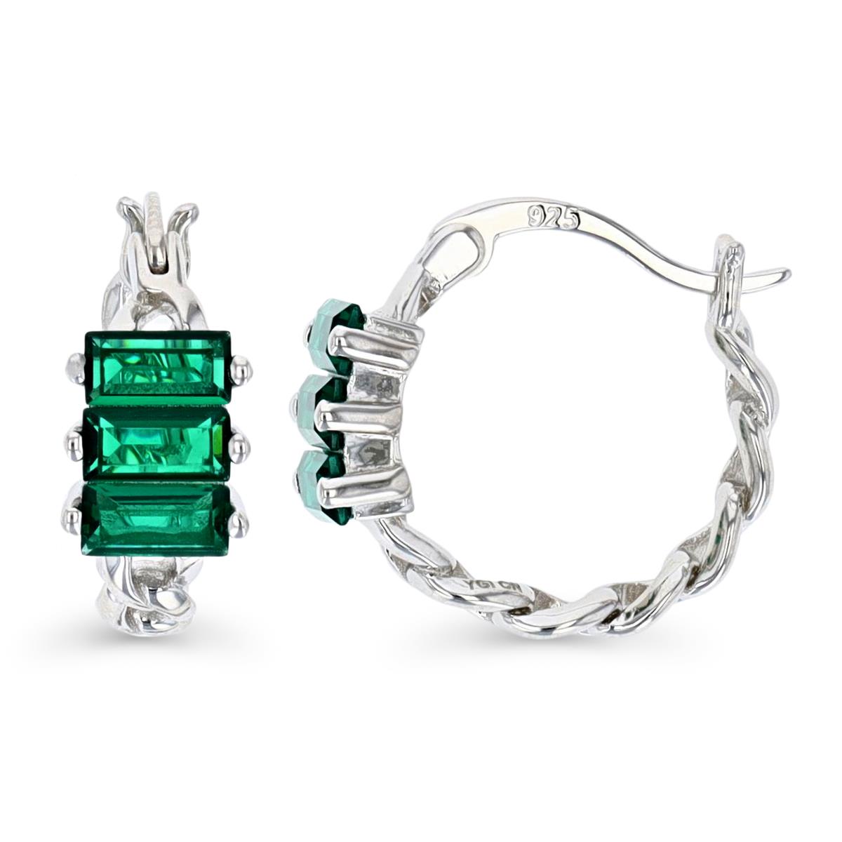 Sterling Silver Rhodium 15X6.4MM Chain Emerald Cut Green GL Hoop Earring